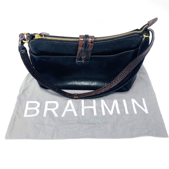 Brahmin Handbags - Brahmin Black Leather Brown Croc Trim Double Strap Shoulder Bag Exterior Pocket